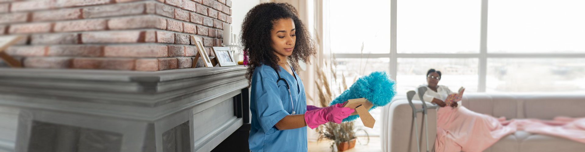 a caregiver cleaning the house